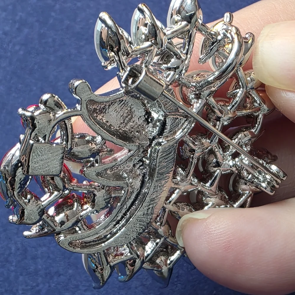 Vintage Porcupine Brooch Silver Tone Red Crystal Opaline Glass Figural 549